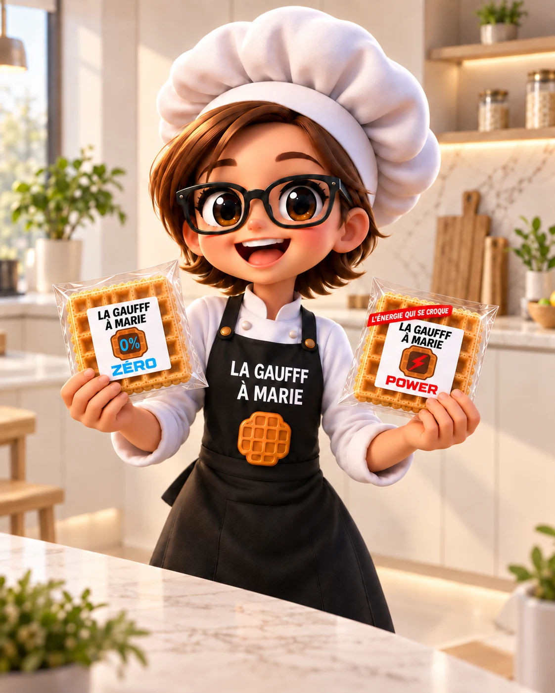 Marie présentant les paquets ZERO et POWER dans sa cuisine